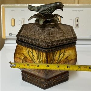 Hexagonal Decorative Bird-Top Trinket Box in Antique Bronze and Gold